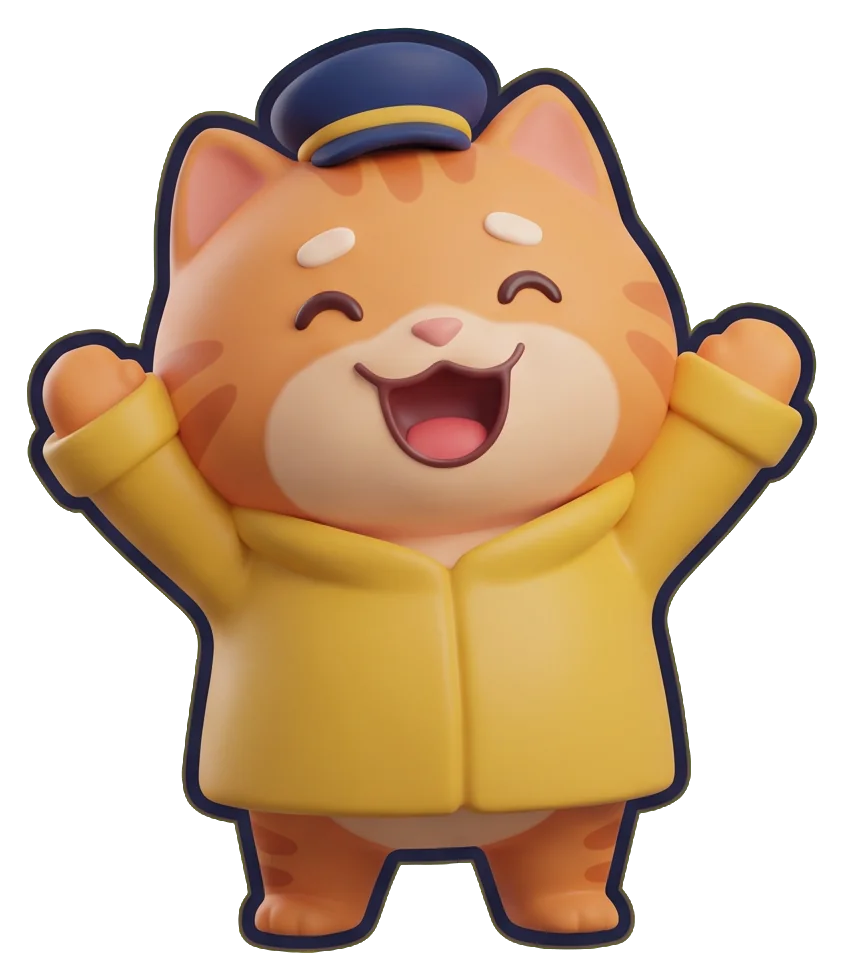 Captain Mittens cheering with both paws up