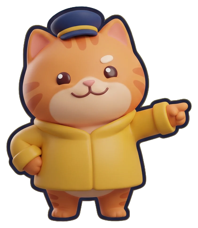 Captain Mittens in his yellow raincoat, pointing the way