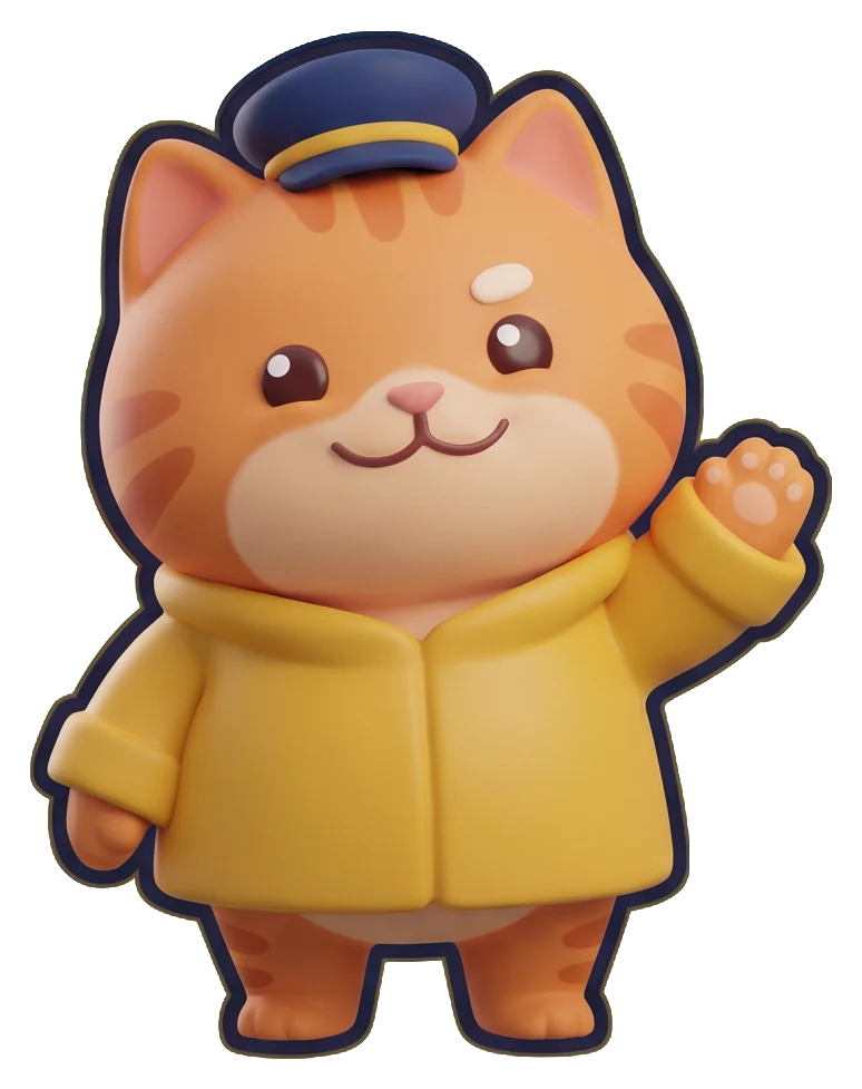 Captain Mittens in his yellow raincoat, waving hello