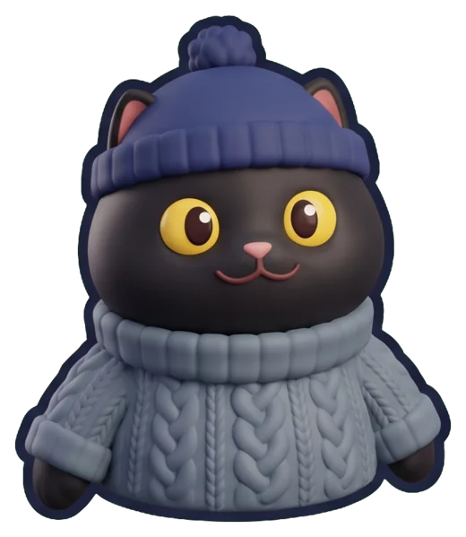 Bere, a black cat in a beanie and a knit sweater