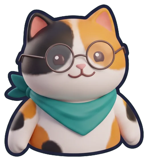 Gözlük, a calico cat with round glasses and a teal scarf