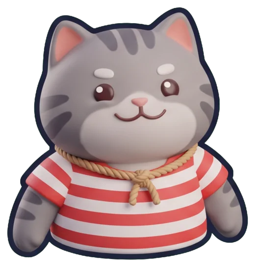 Misket, a grey tabby in a striped shirt with a rope necklace