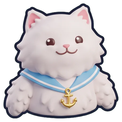 Pamuk, a fluffy white cat in a sailor collar with a golden anchor