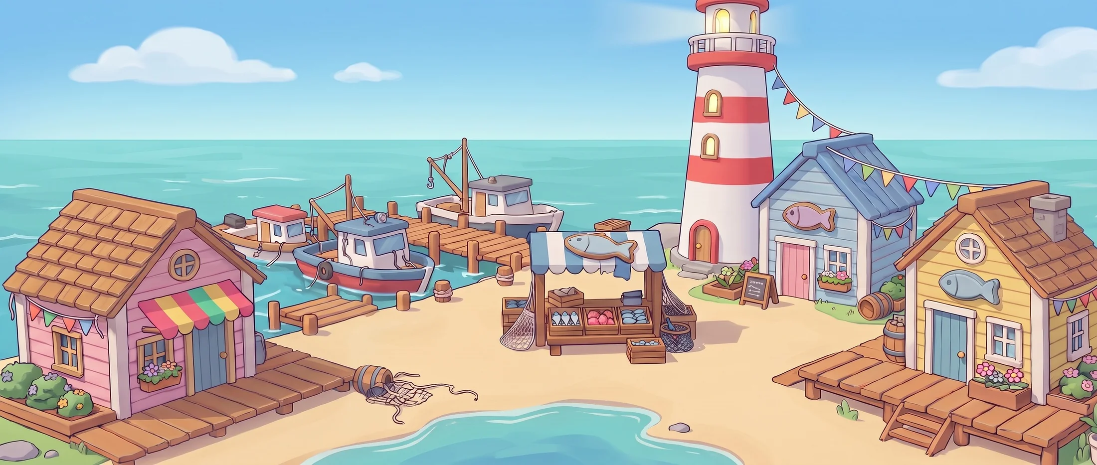 The harbor town restored: sunny, colourful, with a lighthouse