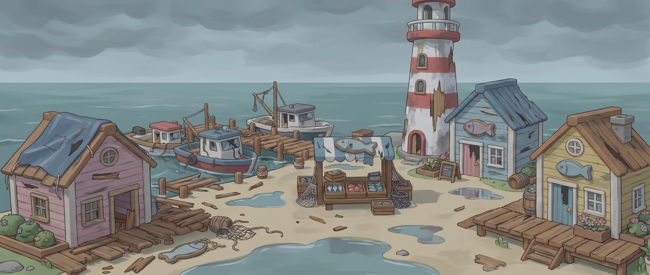 The same harbor wrecked by the storm: grey sky, broken docks and puddles