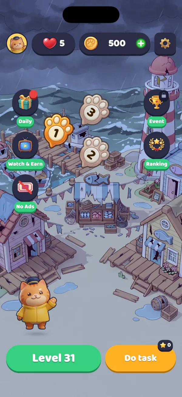 Home screen: the storm-wrecked harbour with task buttons