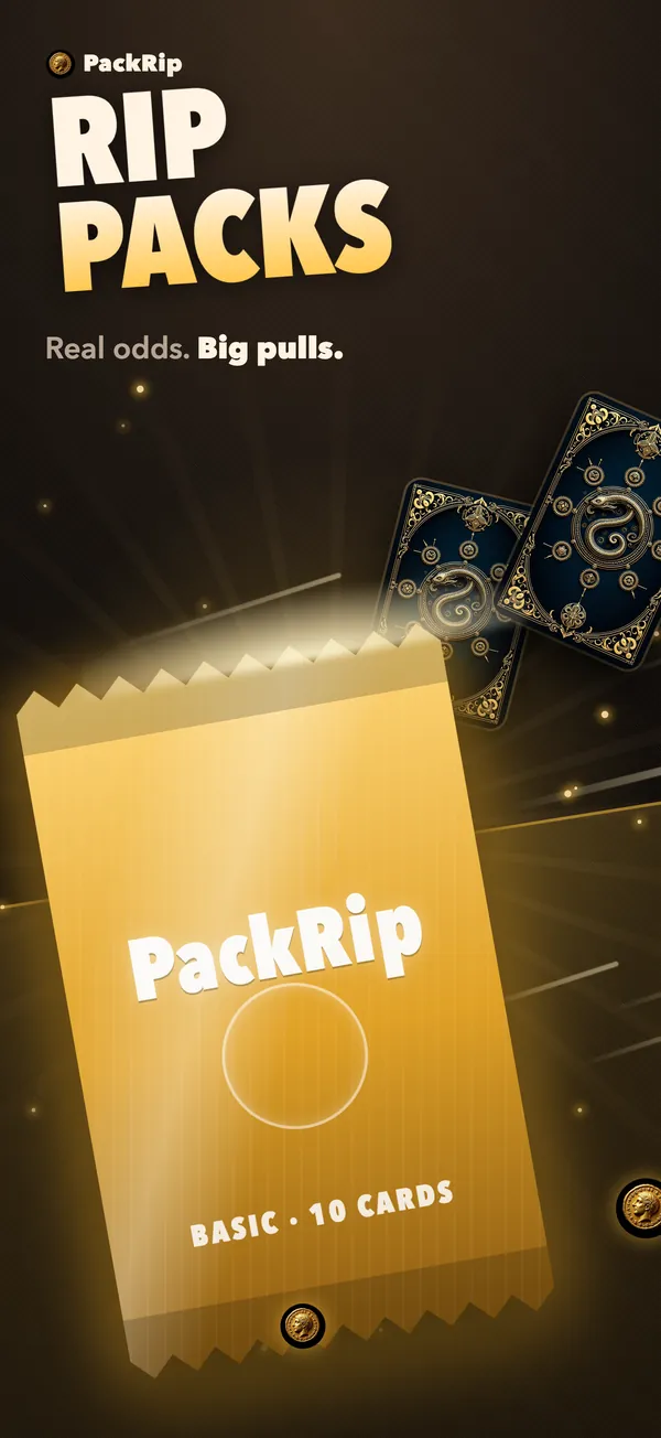 iOS app screenshot: a sealed PackRip booster pack, captioned Rip packs