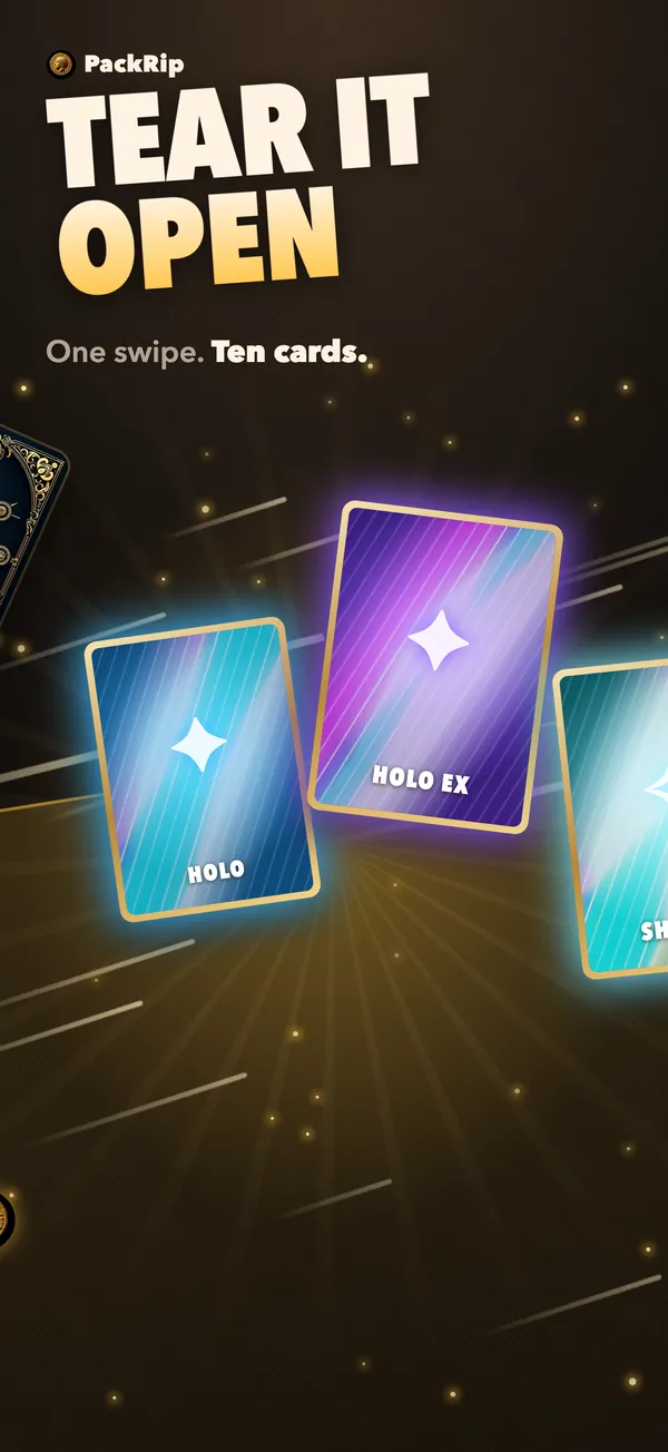 iOS app screenshot: Holo, Holo EX and Shining cards flying out of a torn pack