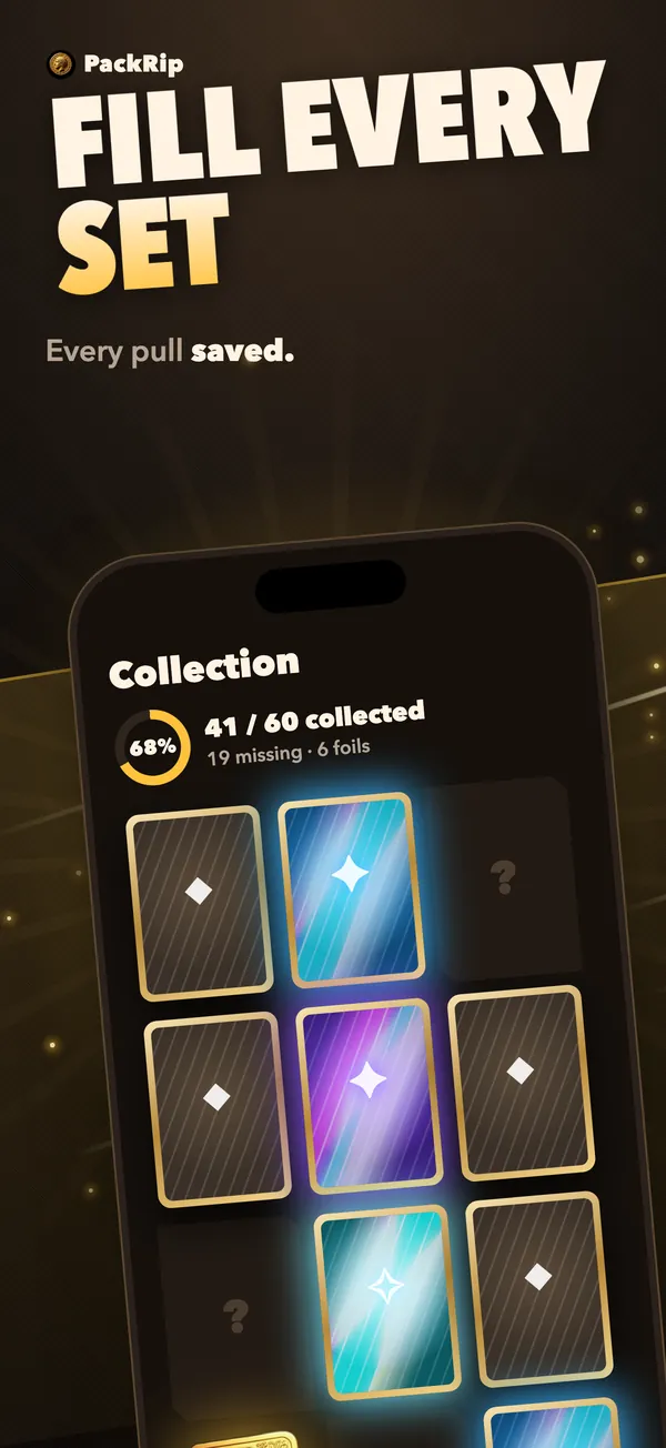 iOS app screenshot: the collection grid with a completion ring and missing slots