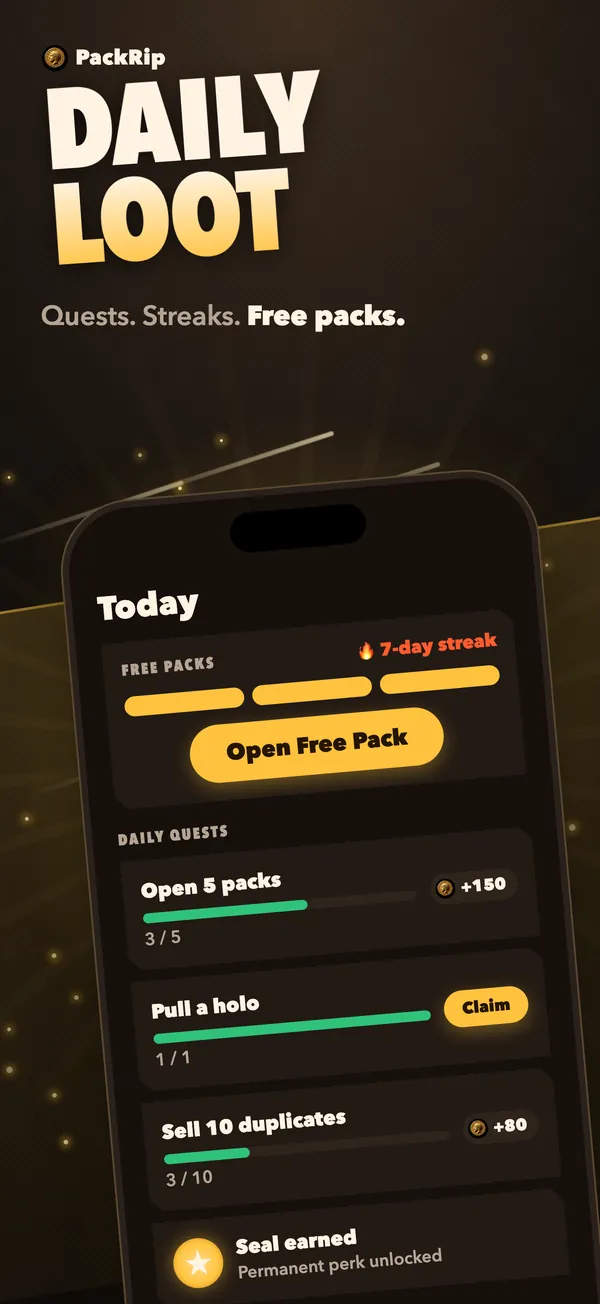 iOS app screenshot: the Today screen with free packs, a streak and daily quests